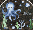 Bild in Galerie-Betrachter laden, Nachtlicht "Oktopus" im bunten Design personalisiert, Holzfuß Gravur, Geschenk zur Geburt fürs Kinderzimmer oder zur Taufe