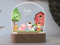 Load image into Gallery viewer, Nachtlicht "Bauernhof" in bunt personalisiert, Holzfuß Gravur, Babygeschenk Geburt, Kinderzimmer, Persönliches Geburtstagsgeschenk, Taufe