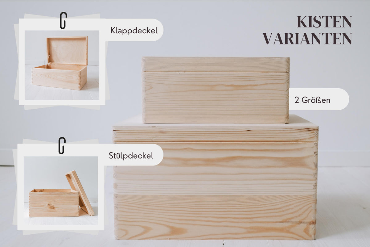 Holzkisten in zwei Größen, perfekt zur stilvollen Aufbewahrung. Wählen Sie zwischen Klappdeckel und Stülpdeckel, um Ihre Lieblingsgegenstände sicher zu verstauen. Die natürliche Holzoptik verleiht jedem Raum Wärme und Eleganz. Ideal für Haushalt, Büro oder als besonderes Geschenk. Entdecken Sie die Vielseitigkeit und Qualität dieser zeitlosen Kistenvarianten.
