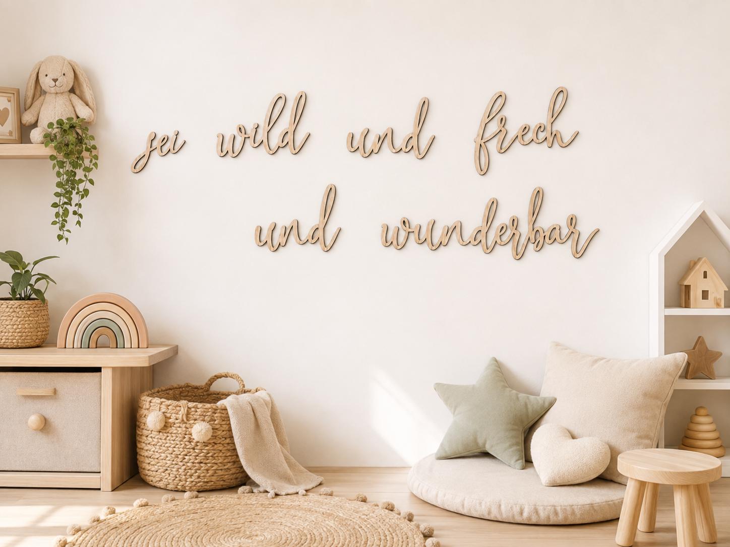 Wandbild aus hellem Holz "sei wild, frech und wunderbar" für Kinderzimmer by Woodlandkid - Wall Decor - Wall Decals & Murals