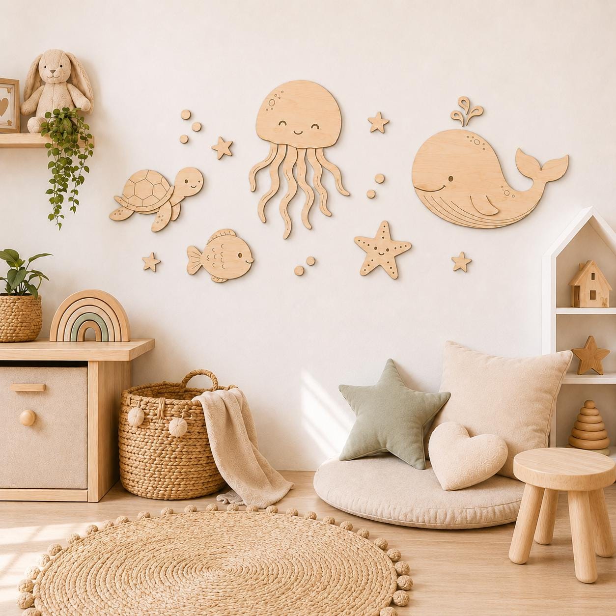 Wandbild aus hellem Holz Motiv "unter Wasser" für Kinderzimmer oder Kindergarten by Woodlandkid - Wall Decor - Wall Decals & Murals