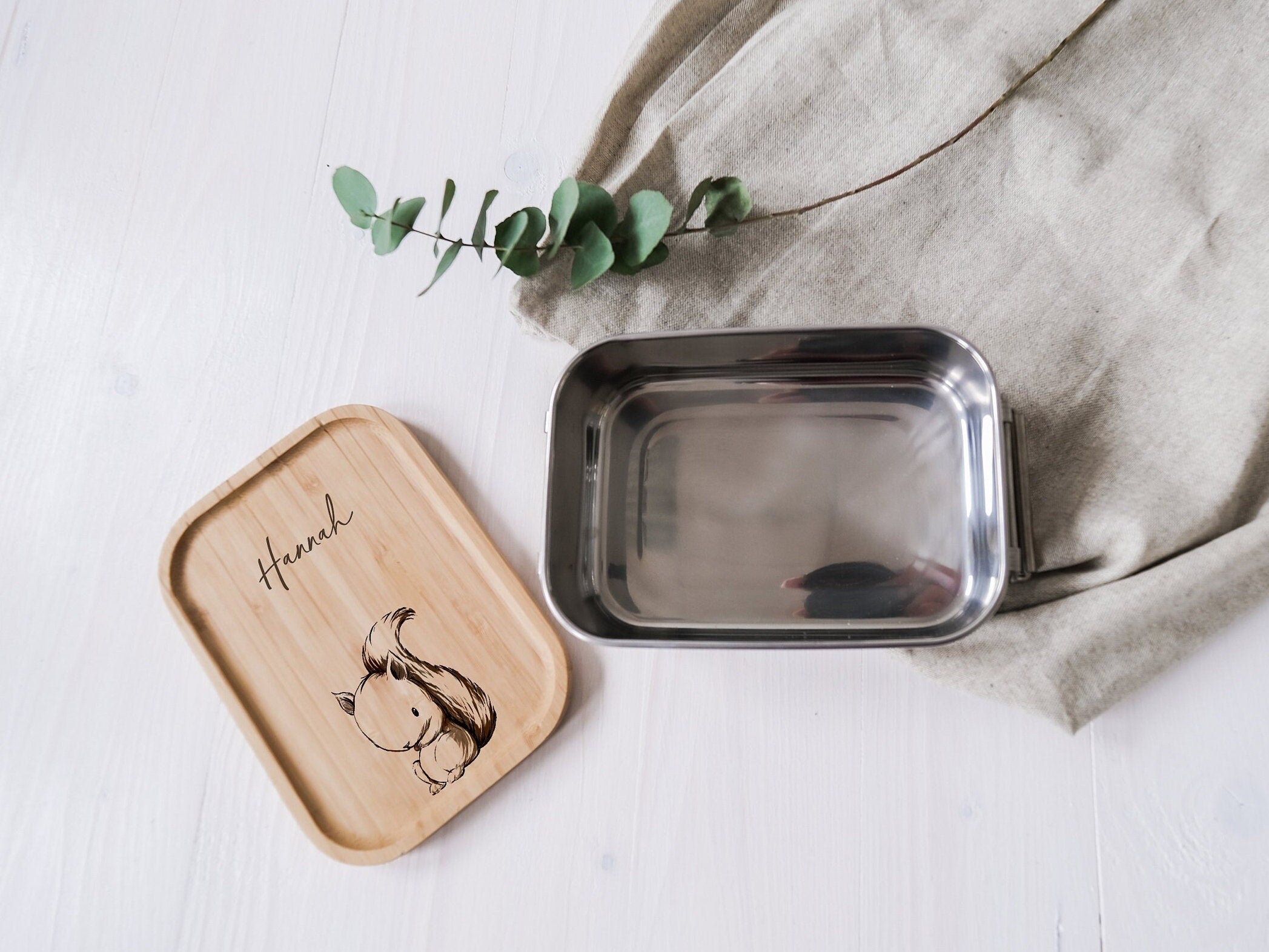 personalisierte Lunchbox aus Edelstahl mit Holzdeckel | Brotdose für Kinder | Lunchdose für Kindergarten, Kita und Schule