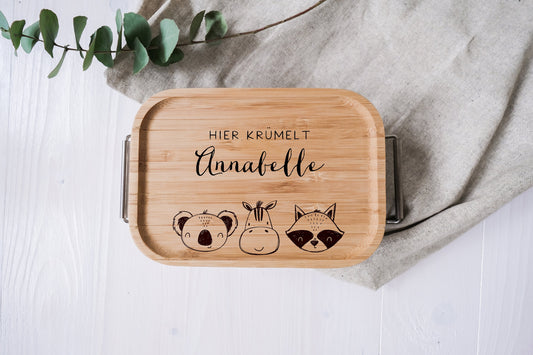 personalisierte Lunchbox aus Edelstahl mit Holzdeckel | Brotdose für Kinder | Zebra Freunde