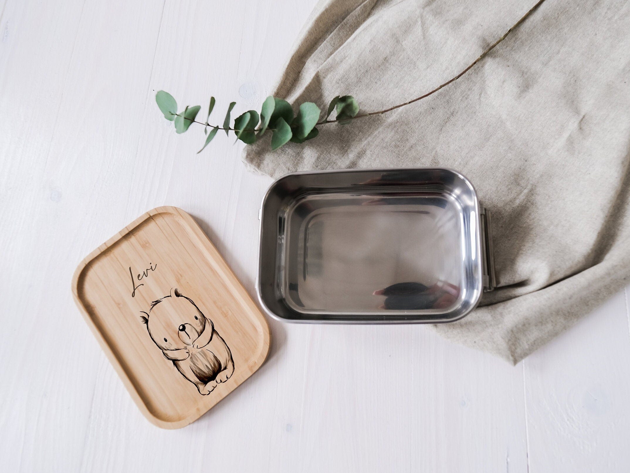 personalisierte Lunchbox aus Edelstahl mit Holzdeckel | Brotdose für Kinder | Lunchdose für Kindergarten, Kita und Schule