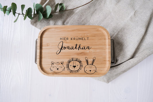 personalisierte Lunchbox aus Edelstahl mit Holzdeckel | Brotdose für Junge und Mädchen | Löwenfreunde Frühstücksbox