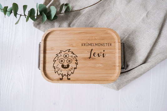 personalisierte Lunchbox aus Edelstahl mit Holzdeckel | Brotdose für Kinder | Krümelmonster