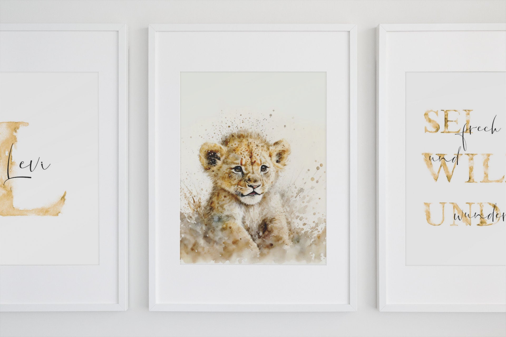 Löwe Wandbilder Set oder einzeln mit Name personalisiert, Poster Kinderzimmer Geschenk Tiere Bilder Kinder Babyzimmer Wanddeko Kunstdruck