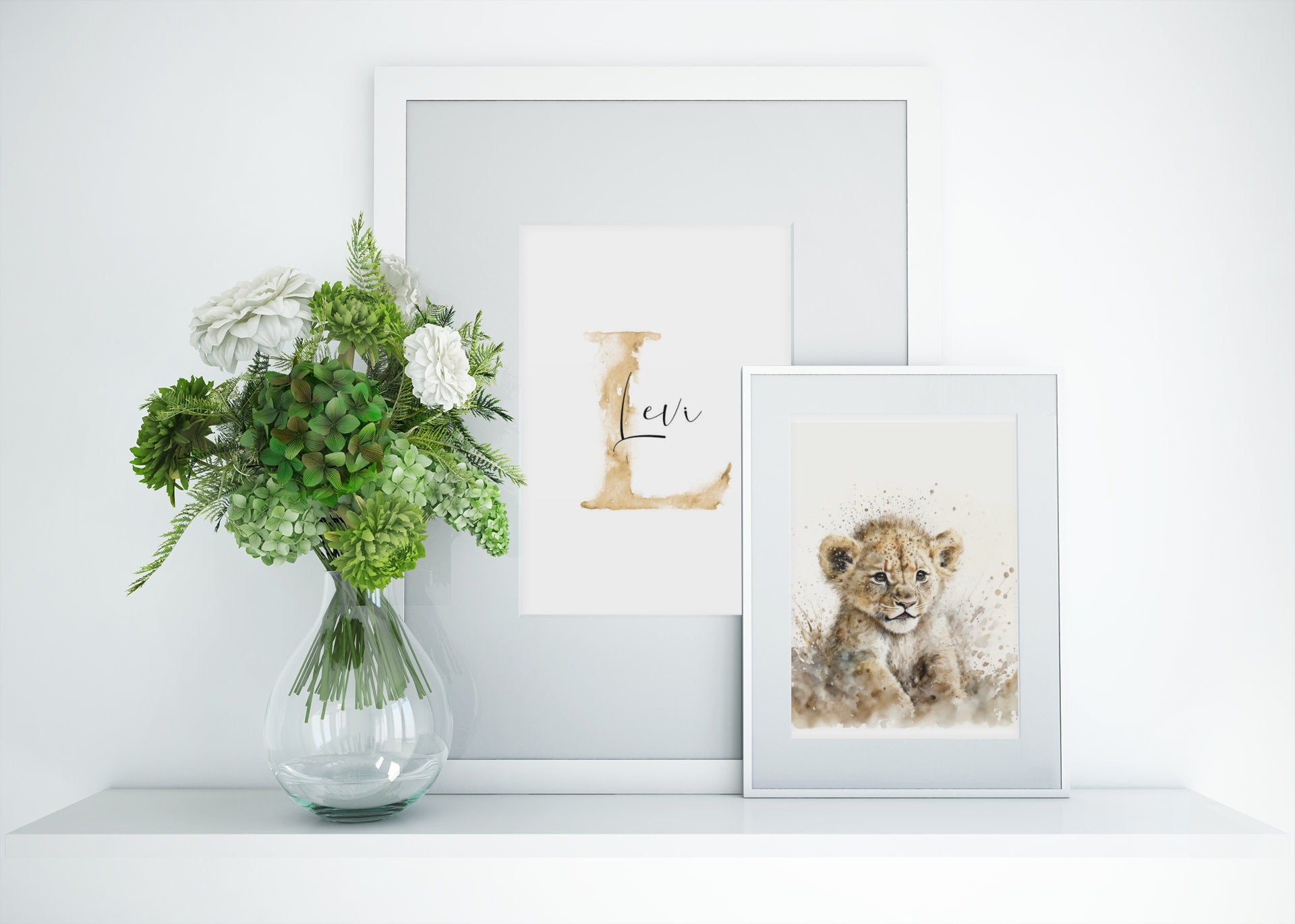 Löwe Wandbilder Set oder einzeln mit Name personalisiert, Poster Kinderzimmer Geschenk Tiere Bilder Kinder Babyzimmer Wanddeko Kunstdruck