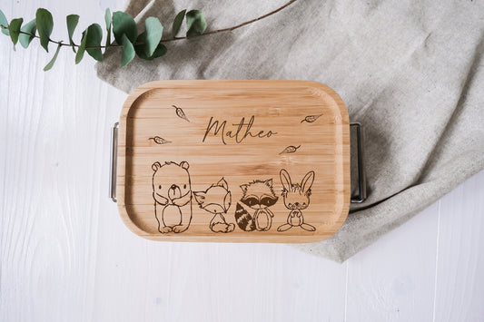 personalisierte Lunchbox aus Edelstahl mit Holzdeckel | Brotdose für Kinder | Waldtierfreunde