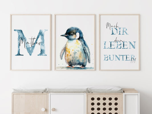 Pinguin Wandbilder Set mit Name personalisiert | Einzelbild | Kinderzimmer | Geschenk Tiere Bilder Kinder Babyzimmer Wanddeko Kunstdruck