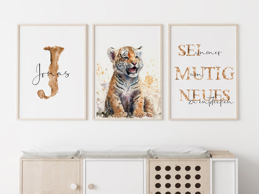 Tiger Wandbilder Set mit Name personalisiert | Poster Geburt | Kinderzimmer | Geschenk Tiere Bilder Baby Wand Deko Kunstdruck | Einzelbild