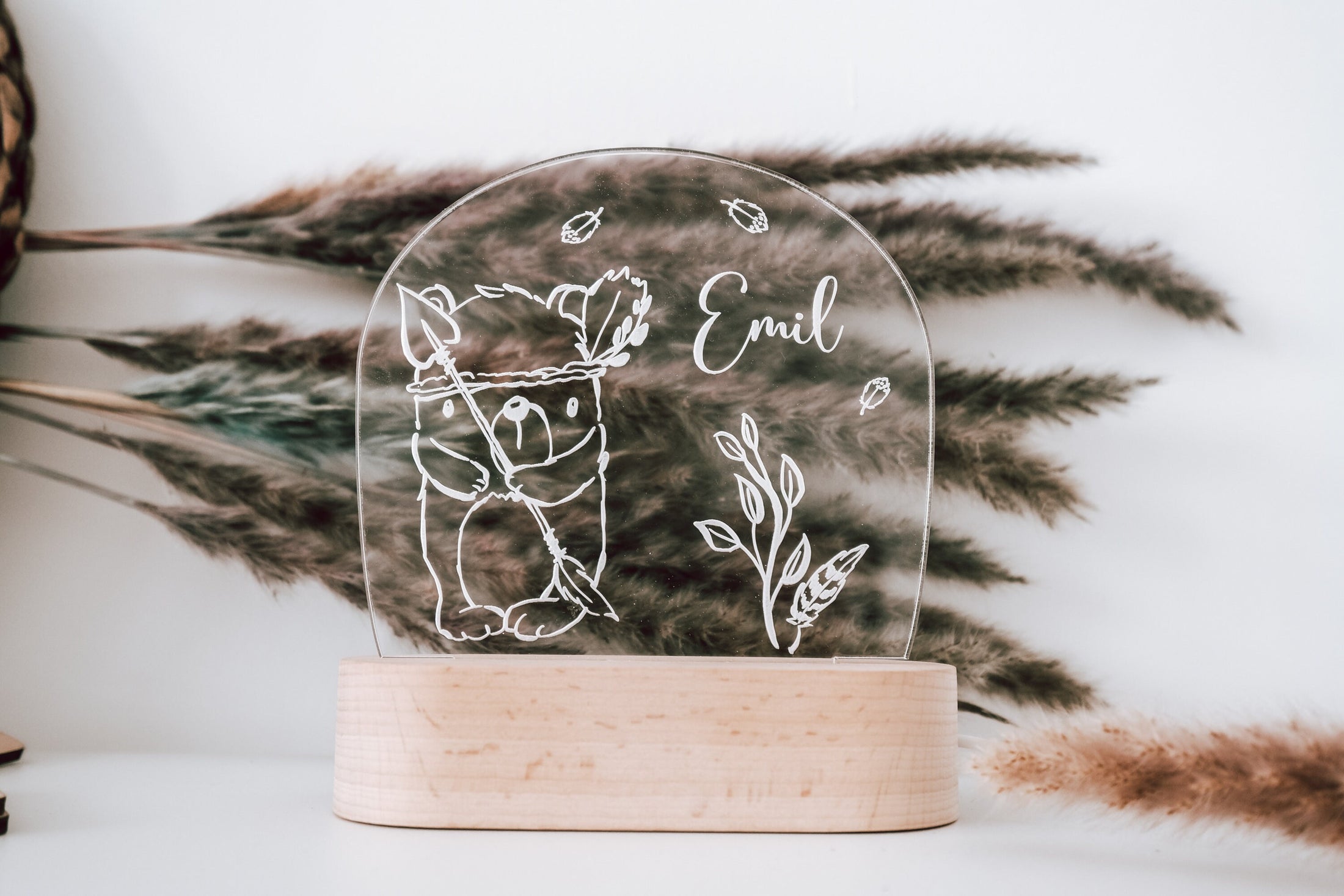 LED Nachtlicht Bärchen personalisiert auf Holz und Acryl, Geschenke zur Geburt oder Taufe, Deko fürs Kinderzimmer, Nachttischlampe, LED
