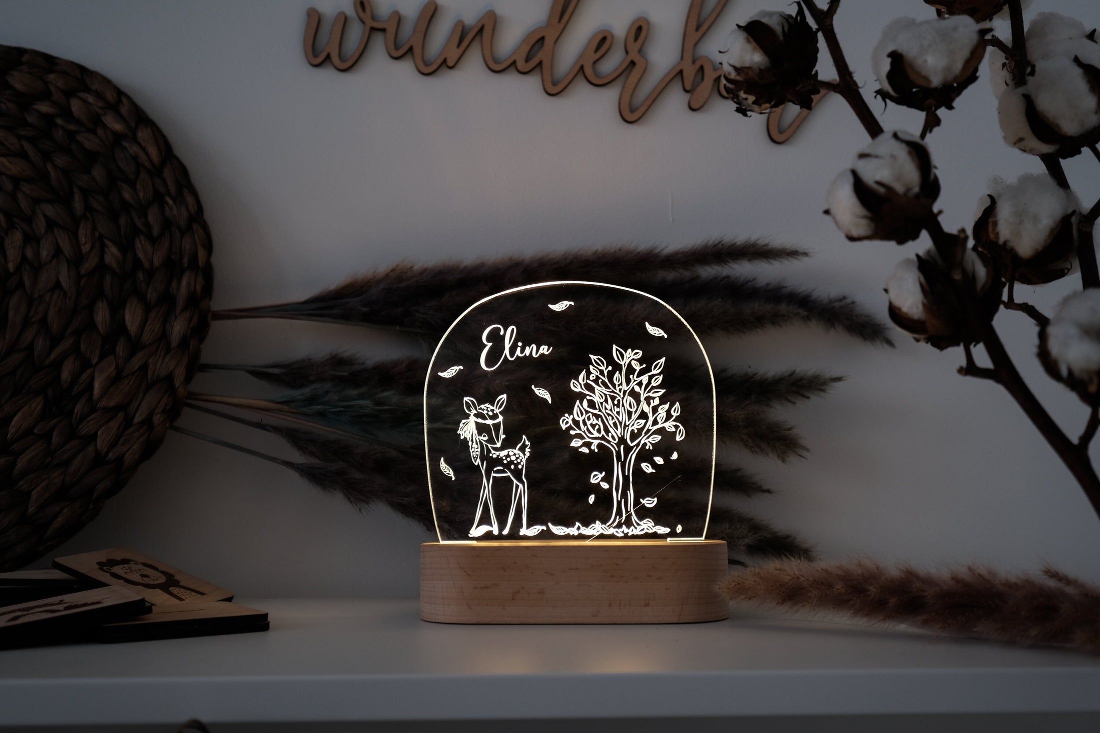 Personalisierte "boho Reh" Nachtlampe aus Acryl, Babygeschenk Geburt, Taufgeschenk, Kinderzimmer Nachtlicht, Geburtstagsgeschenk, LED