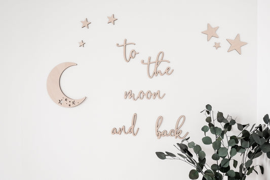 Wandspruch "To the moon and back" aus Holz | Set Mond und Sterne | 3D Wandtattoo | Wanddeko Kinderzimmer