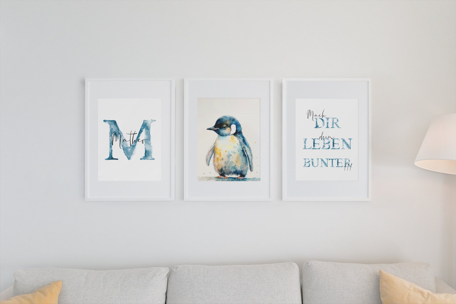 Pinguin Wandbilder Set mit Name personalisiert | Einzelbild | Kinderzimmer | Geschenk Tiere Bilder Kinder Babyzimmer Wanddeko Kunstdruck