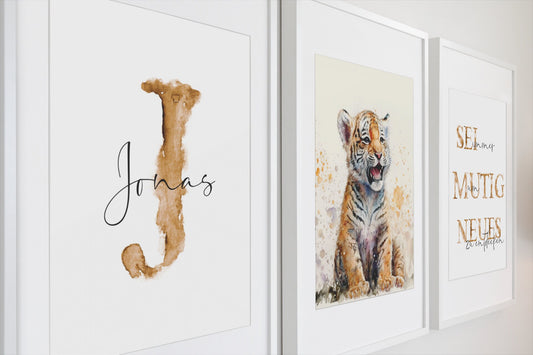 Tiger Wandbilder Set mit Name personalisiert | Poster Geburt | Kinderzimmer | Geschenk Tiere Bilder Baby Wand Deko Kunstdruck | Einzelbild