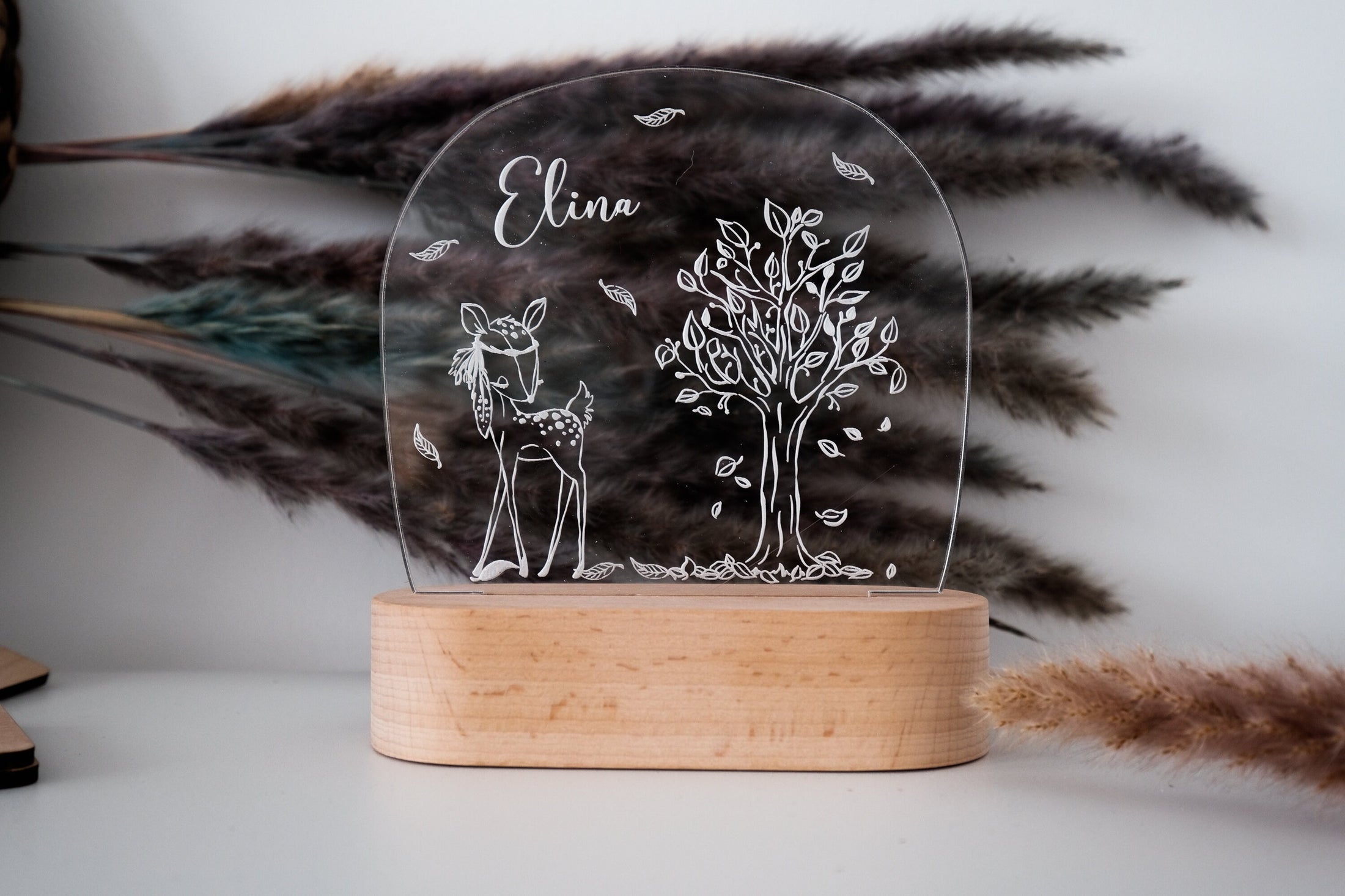 Personalisierte "boho Reh" Nachtlampe aus Acryl, Babygeschenk Geburt, Taufgeschenk, Kinderzimmer Nachtlicht, Geburtstagsgeschenk, LED