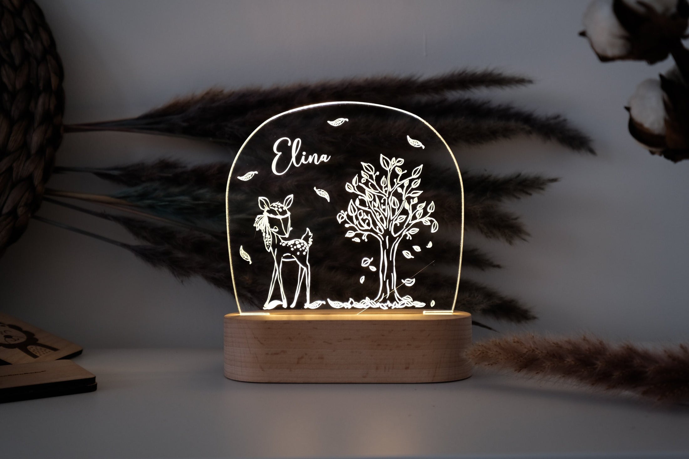 Personalisierte "boho Reh" Nachtlampe aus Acryl, Babygeschenk Geburt, Taufgeschenk, Kinderzimmer Nachtlicht, Geburtstagsgeschenk, LED