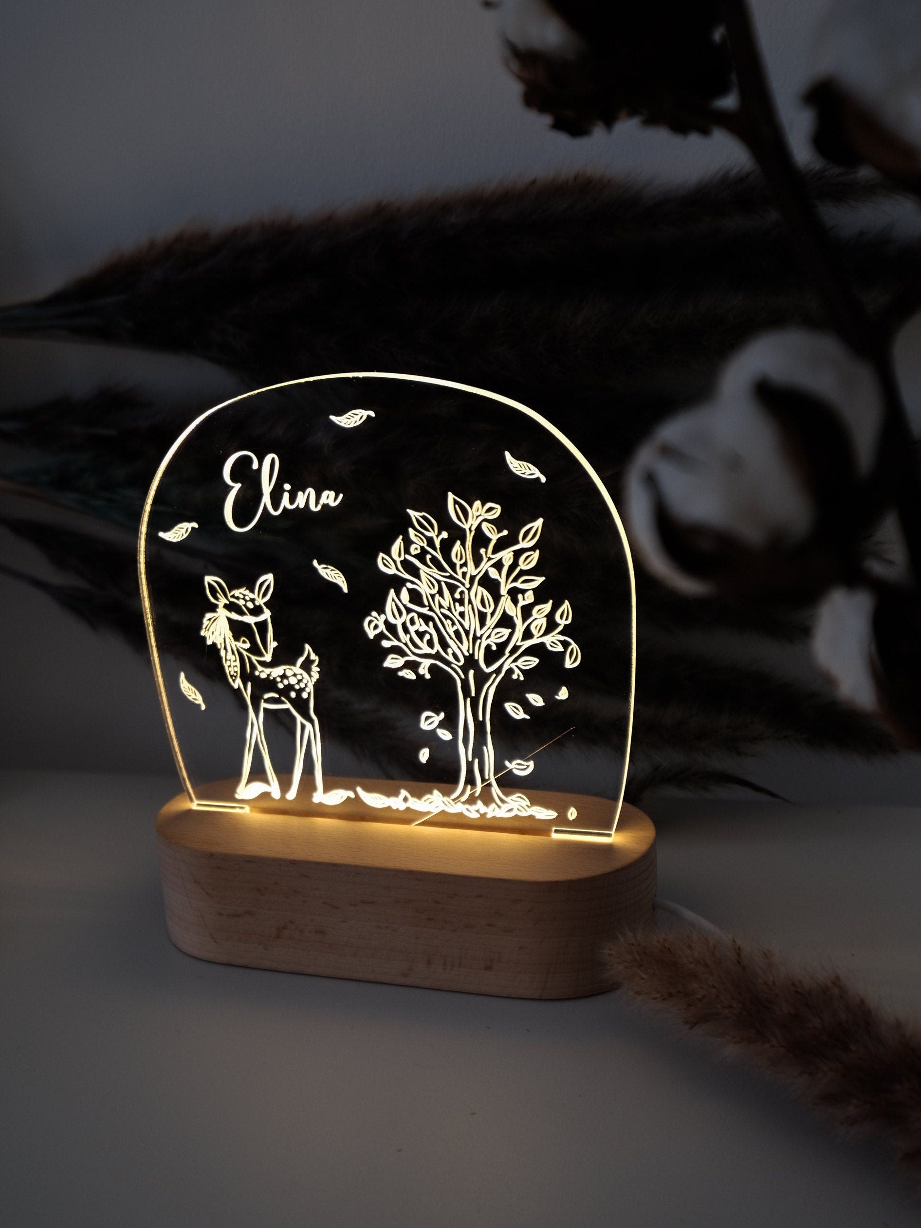 Personalisierte "boho Reh" Nachtlampe aus Acryl, Babygeschenk Geburt, Taufgeschenk, Kinderzimmer Nachtlicht, Geburtstagsgeschenk, LED