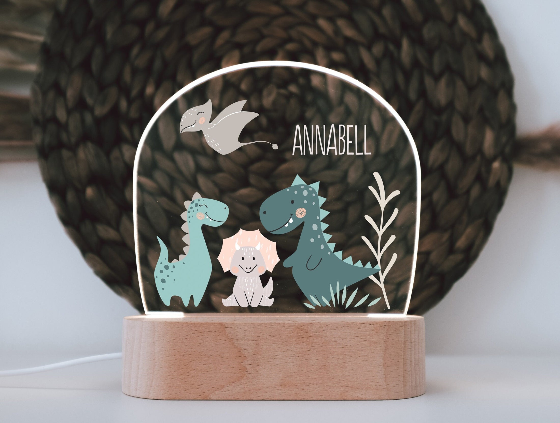 Nachtlicht "Dino Freunde" personalisiert aus Acryl, Holzfuß Gravur, Kinderzimmer, Persönliches Geschenk zur Geburt, Taufe