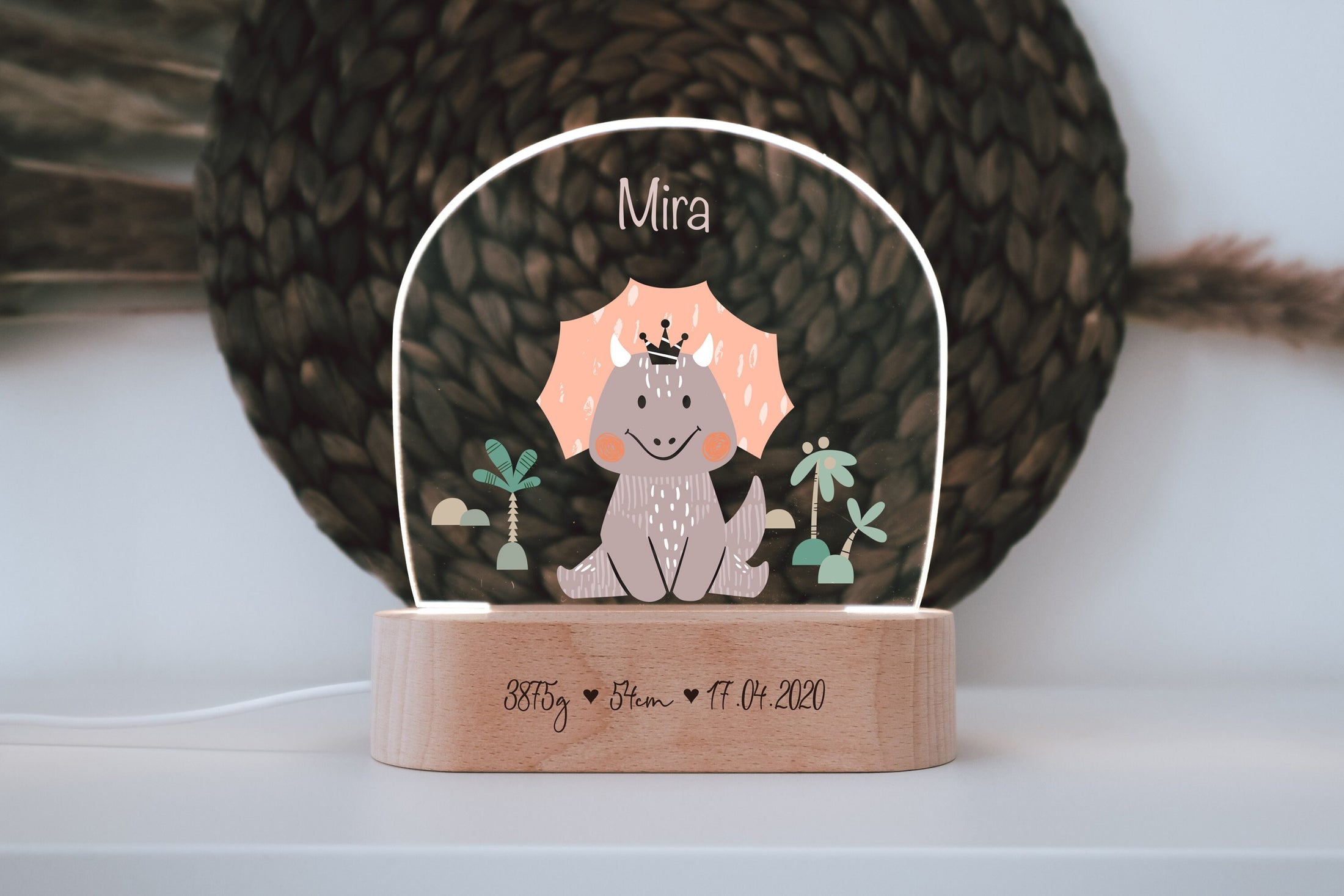 Acryllampe "bunter Dino", Holzsockel Gravur, Babyzimmer Geschenk, Personalisierte Geburtstagsgeschenke, Geschenke für Kinder