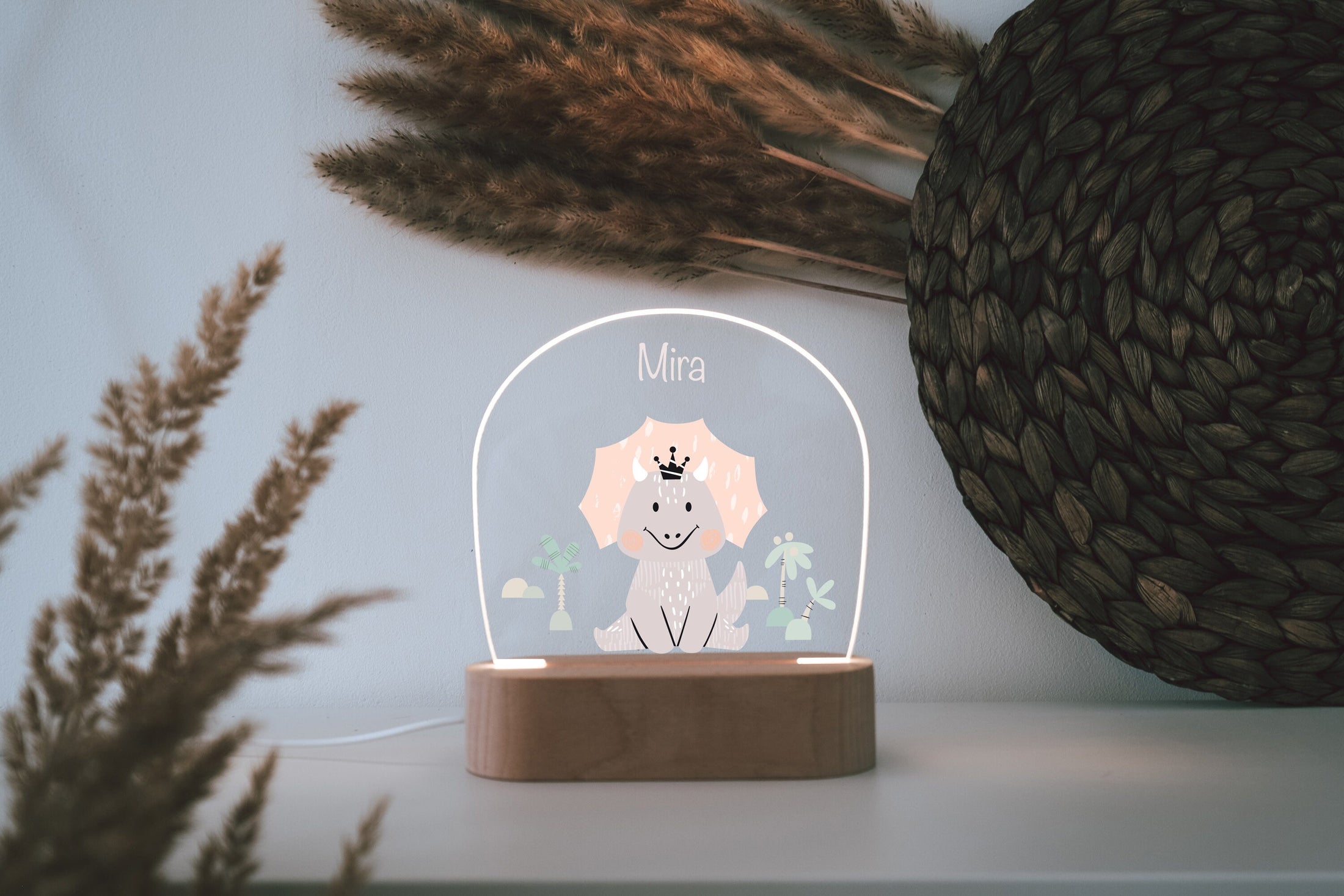 Acryllampe "bunter Dino", Holzsockel Gravur, Babyzimmer Geschenk, Personalisierte Geburtstagsgeschenke, Geschenke für Kinder