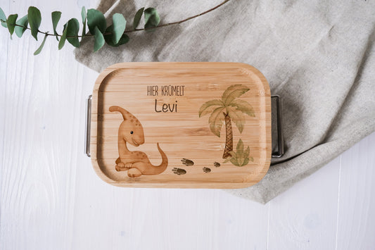 Edelstahl Bento Lunchbox mit Bambusdeckel | Personalisierte Brotzeit Dose in Dino Design | Geburtstag, Wandern, Schulausflug