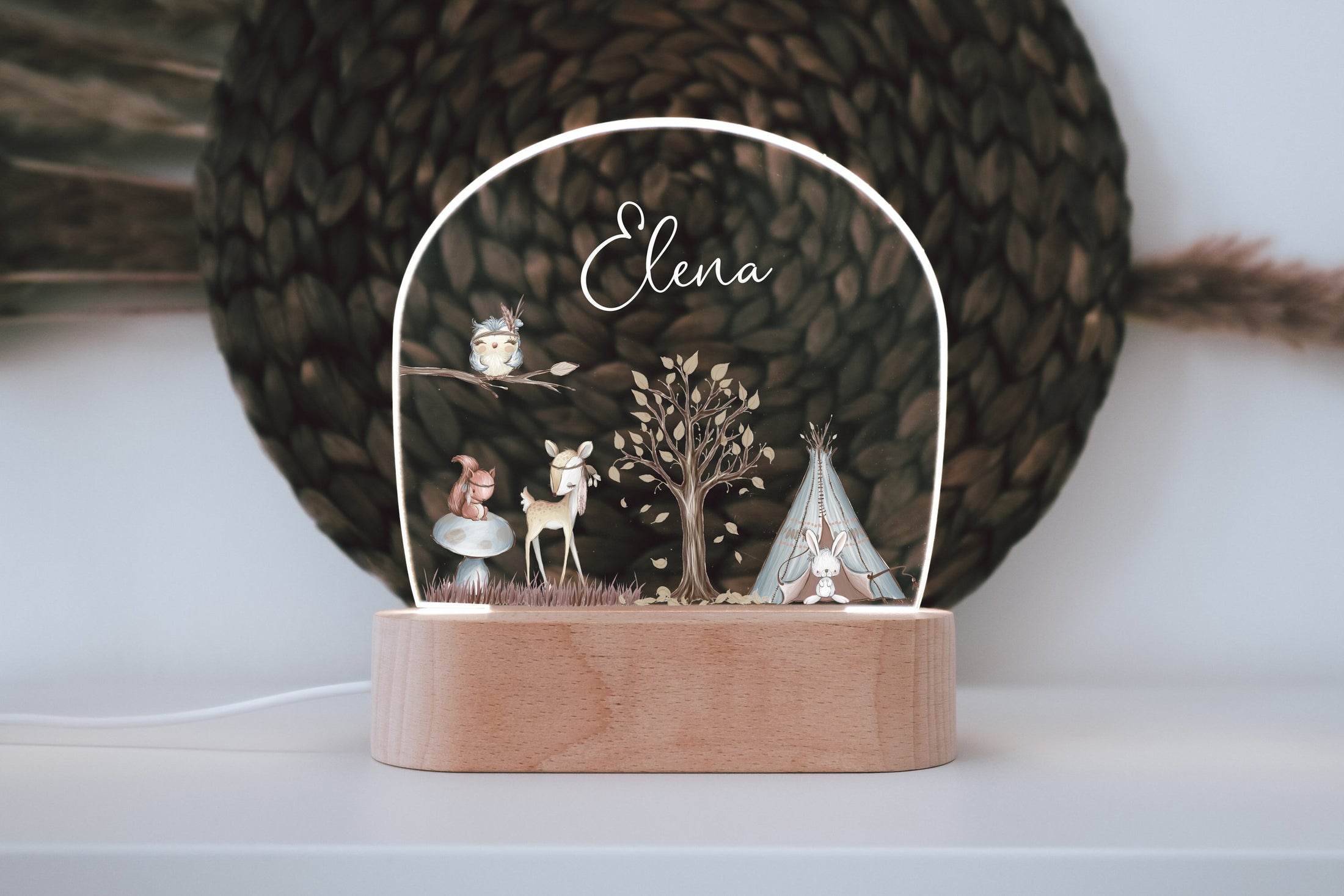 Nachtlicht "Reh" personalisiert aus Acryl, Holzfuß Gravur, Babygeschenk Geburt, Kinderzimmer, Persönliches Geburtstagsgeschenk, Taufe