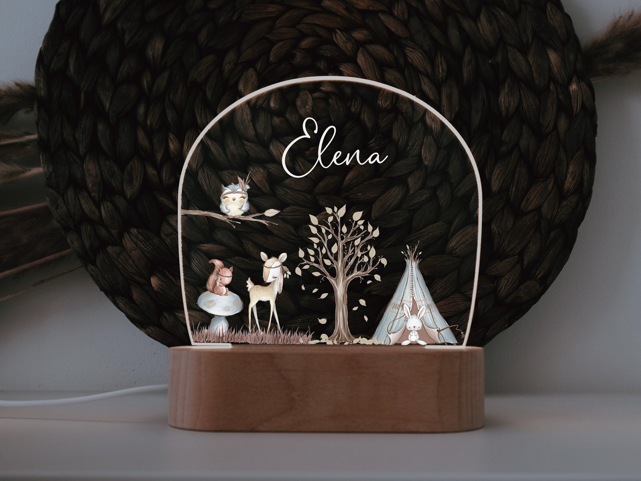 Nachtlicht "Reh" personalisiert aus Acryl, Holzfuß Gravur, Babygeschenk Geburt, Kinderzimmer, Persönliches Geburtstagsgeschenk, Taufe