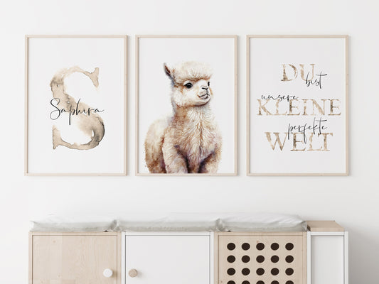 Lama Wandbilder Set oder einzeln mit Name personalisiert, Wohndeko Kinderzimmer Geschenk Deko Wand Bilder Babyzimmer Wanddeko Kunstdruck