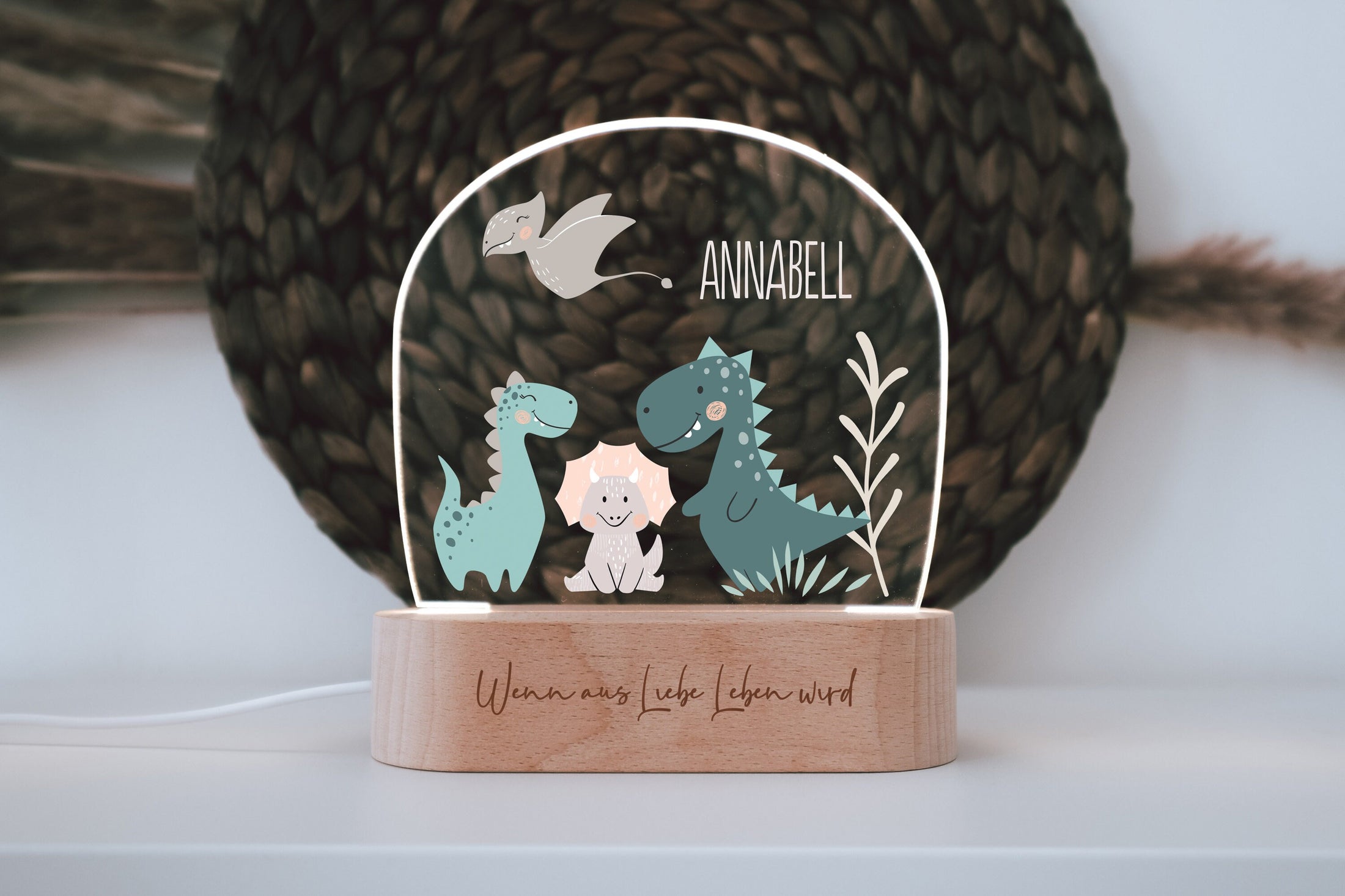 Nachtlicht "Dino Freunde" personalisiert aus Acryl, Holzfuß Gravur, Kinderzimmer, Persönliches Geschenk zur Geburt, Taufe