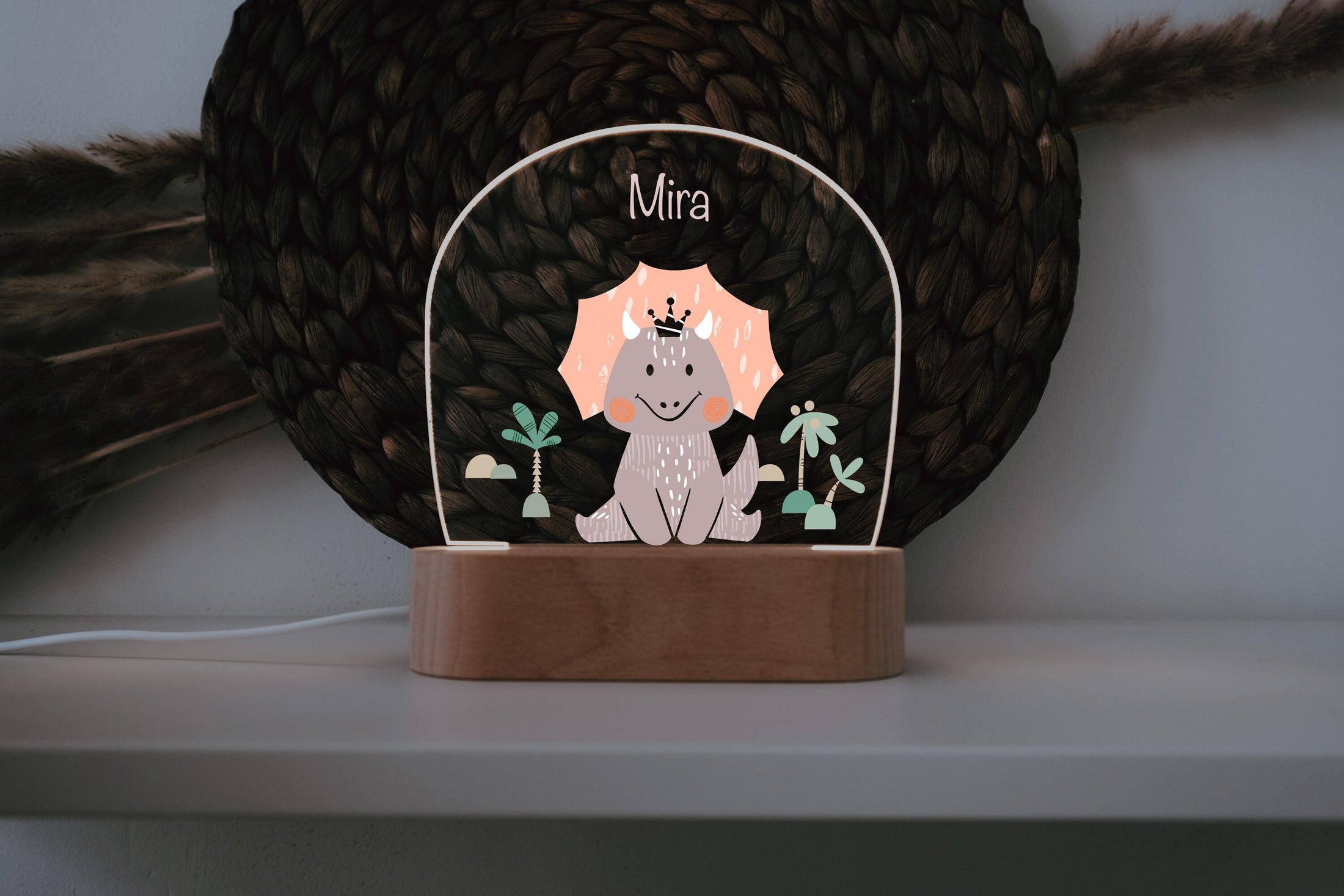 Acryllampe "bunter Dino", Holzsockel Gravur, Babyzimmer Geschenk, Personalisierte Geburtstagsgeschenke, Geschenke für Kinder
