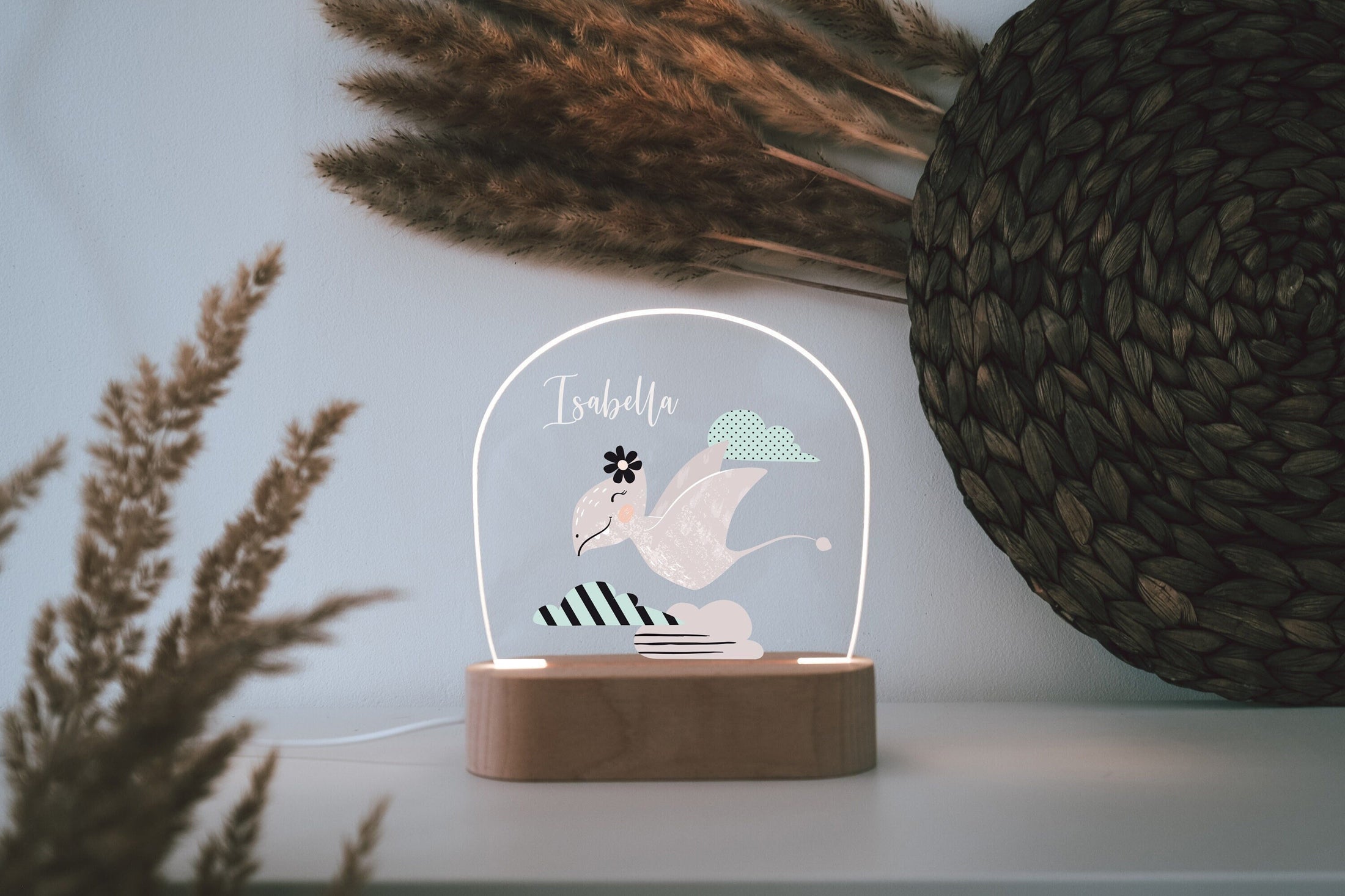 Personalisiertes Nachtlicht mit Dino-Design, Dekoration für das Kinderzimmer, Stilllicht, Geschenk zur Geburt oder Taufe, LED Licht