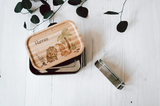 personalisierte Lunchbox aus Edelstahl mit Holzdeckel | Brotdose für Kinder "Dinofreunde" | Geschenk zum Kindergartenstart, Einschulung