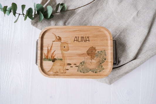 Lunch Box aus Edelstahl mit Bambusdeckel | Brotzeit Dose mit bunten Dinosaurier Motiven | Breite Bügel, einfache Handhabung für Kinder