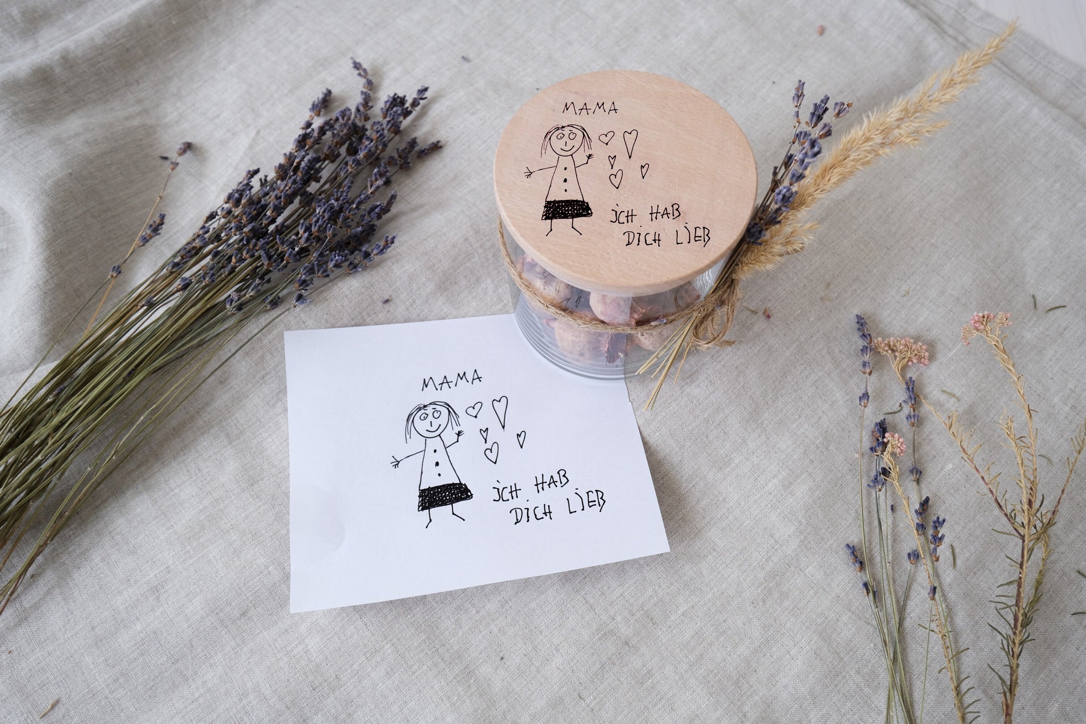 Personalisiertes Aufbewahrungsglas mit Zeichnung als Gravur, Geschenk zum Muttertag, Vatertag, Vorratsglas mit Kinderzeichnung
