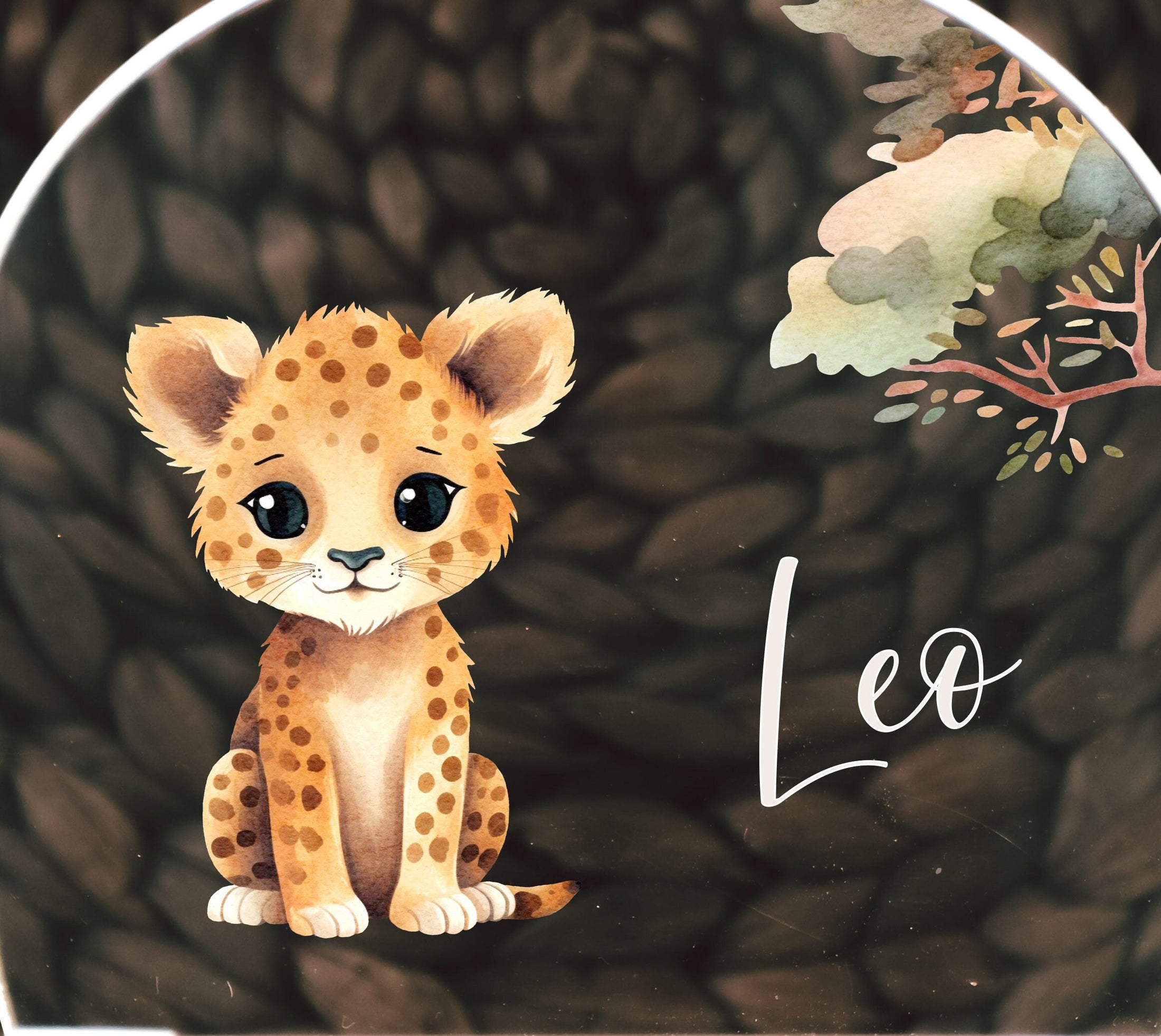 Nachtlicht "Leopard" personalisiert aus Acryl, Holzfuß Gravur, Babygeschenk Geburt, Kinderzimmer, Persönliches Geburtstagsgeschenk, Taufe