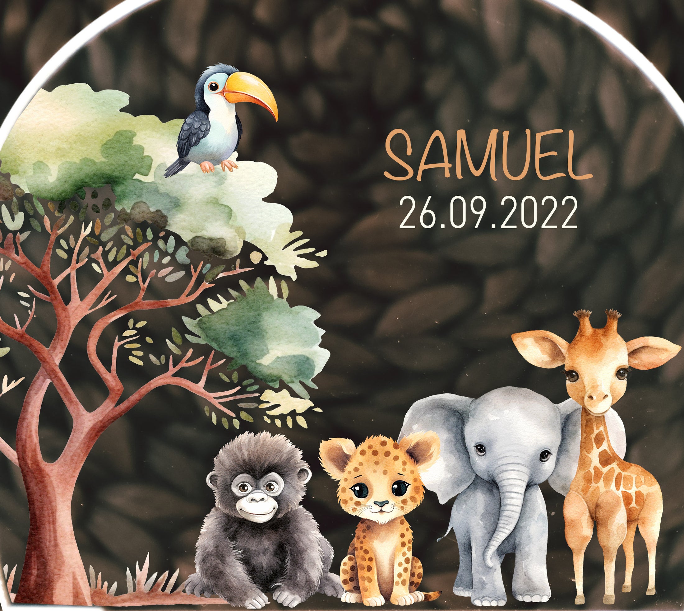 Nachtlicht "Safari" personalisiert aus Acryl, Holzfuß Gravur, Babygeschenk Geburt, Kinderzimmer, Persönliches Geburtstagsgeschenk, Taufe