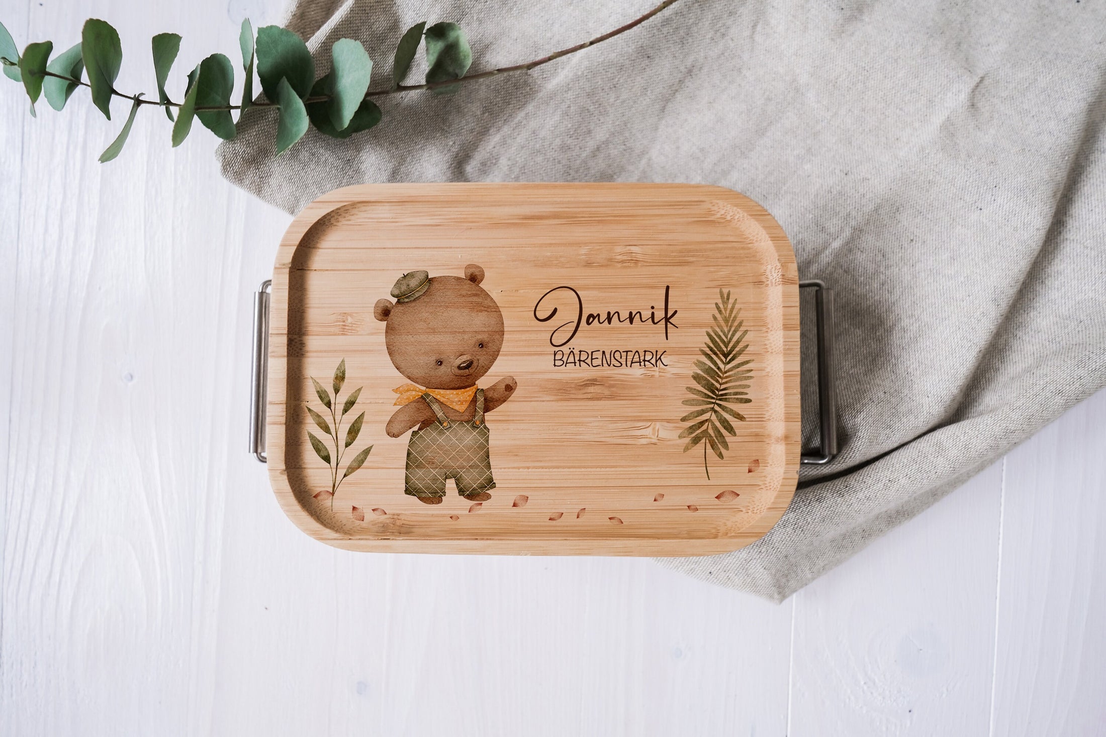 personalisierte Lunchbox aus Edelstahl mit buntem Holzdeckel | Brotdose für Kinder "Bärenstark" | Geschenk zum Kindergarten oder Schulstart