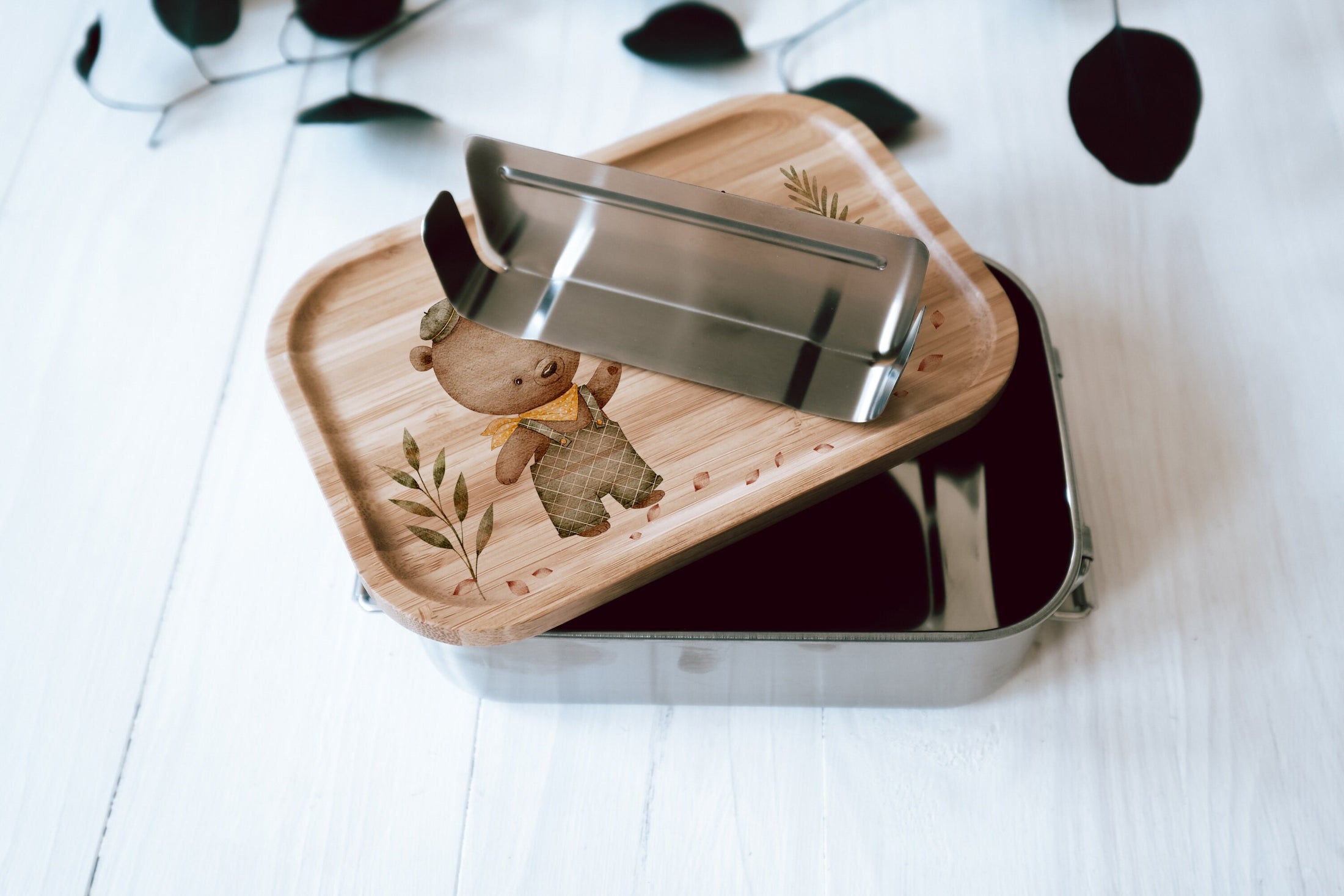 personalisierte Lunchbox aus Edelstahl mit buntem Holzdeckel | Brotdose für Kinder "Bärenstark" | Geschenk zum Kindergarten oder Schulstart