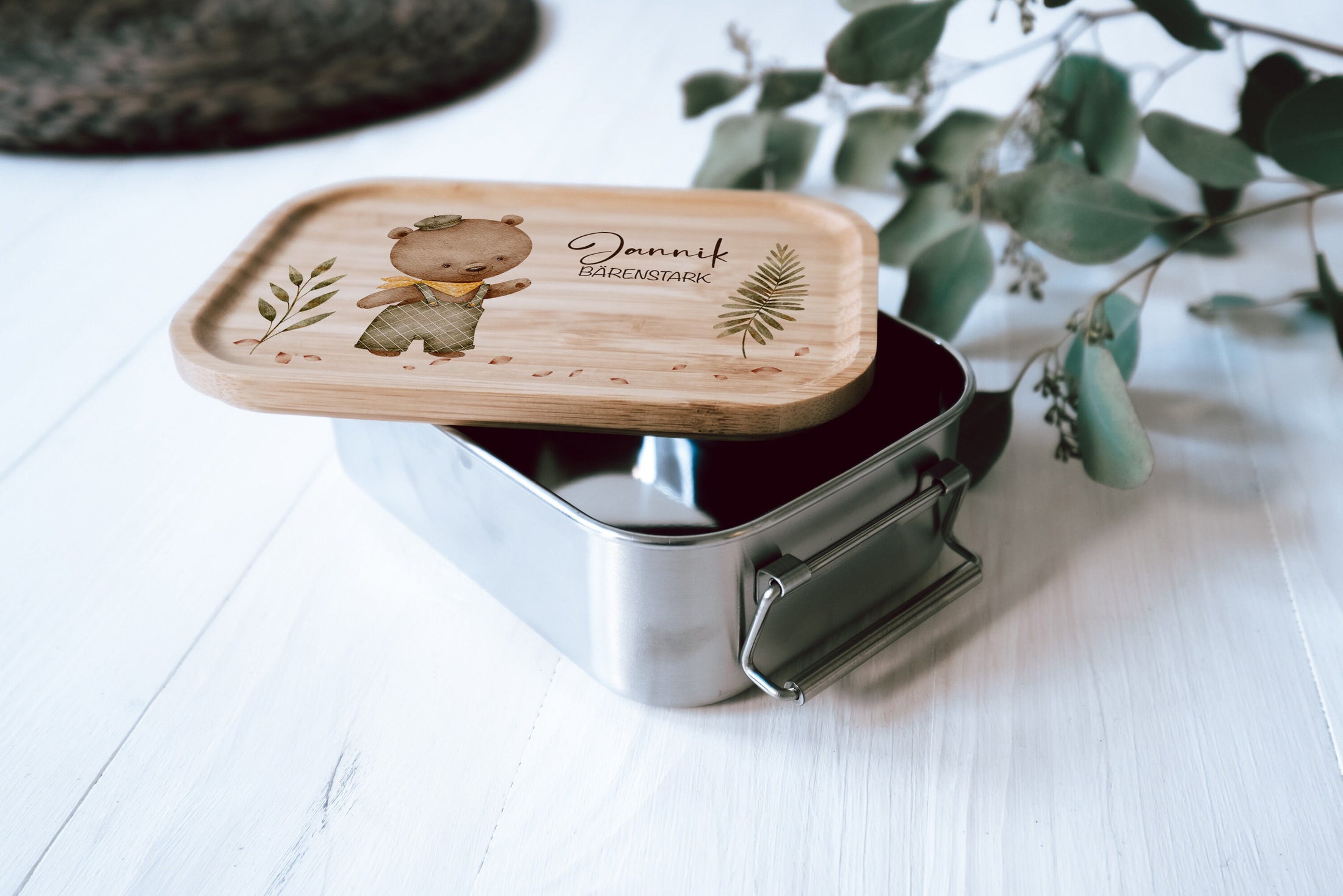 personalisierte Lunchbox aus Edelstahl mit buntem Holzdeckel | Brotdose für Kinder "Bärenstark" | Geschenk zum Kindergarten oder Schulstart