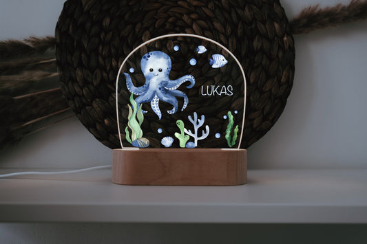 Nachtlicht "Oktopus" im bunten Design personalisiert, Holzfuß Gravur, Geschenk zur Geburt fürs Kinderzimmer oder zur Taufe