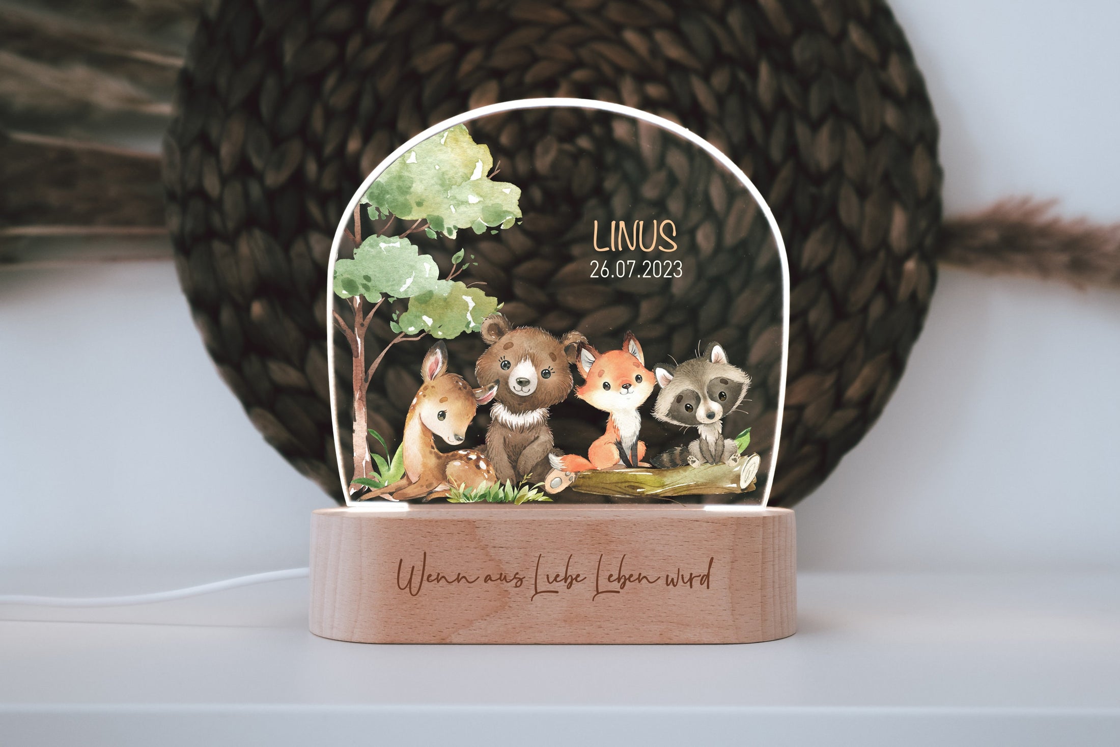 personalized coloured woodland nightlight | engraved wooden base | gift for a new baby | baptism | decorative addition to a child's room