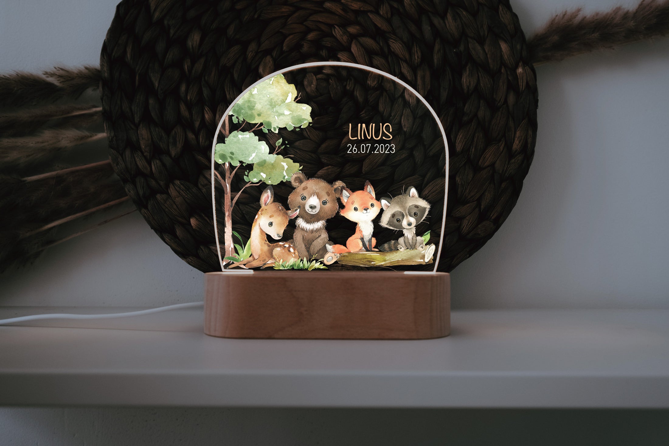 personalized coloured woodland nightlight | engraved wooden base | gift for a new baby | baptism | decorative addition to a child's room