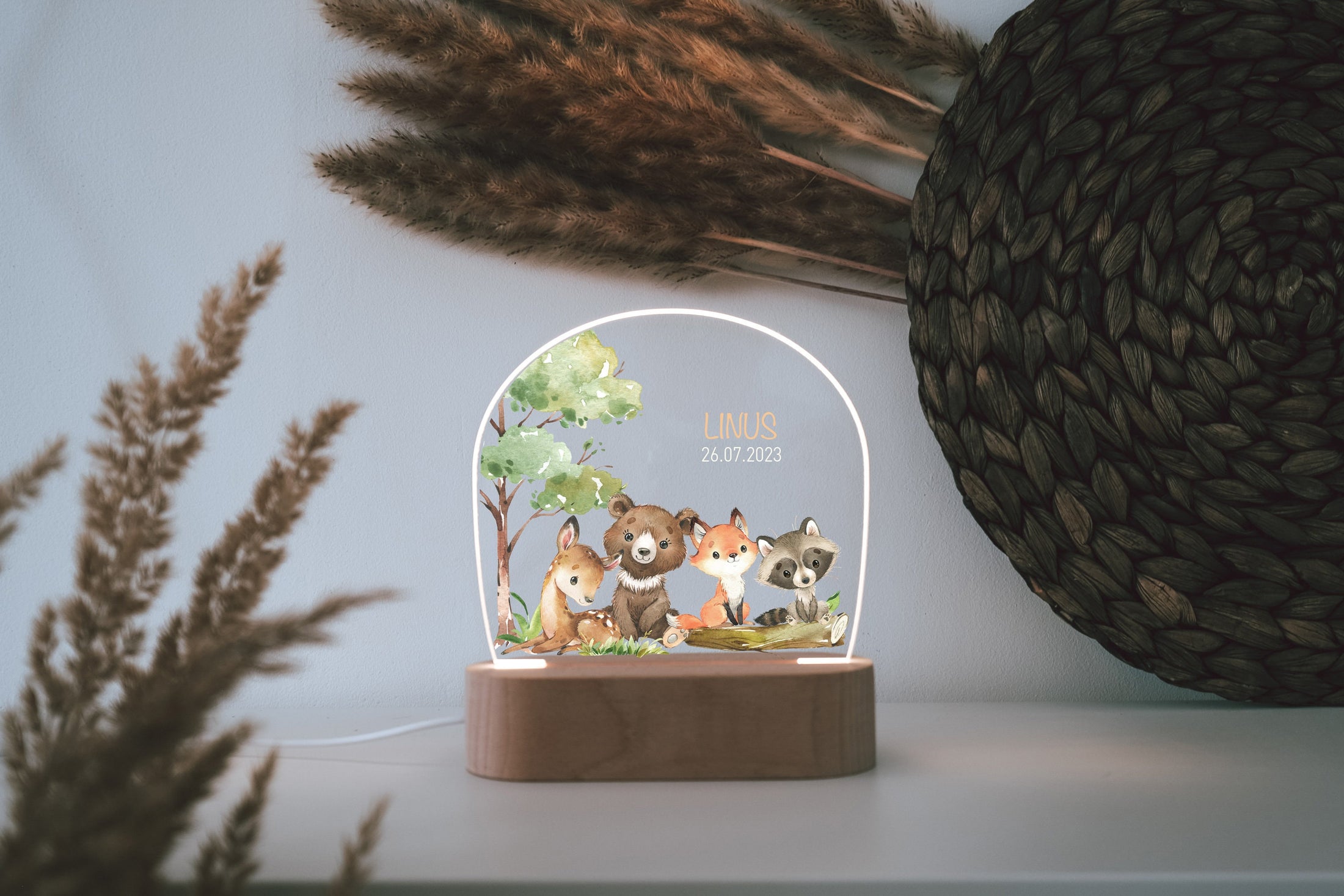 personalized coloured woodland nightlight | engraved wooden base | gift for a new baby | baptism | decorative addition to a child's room