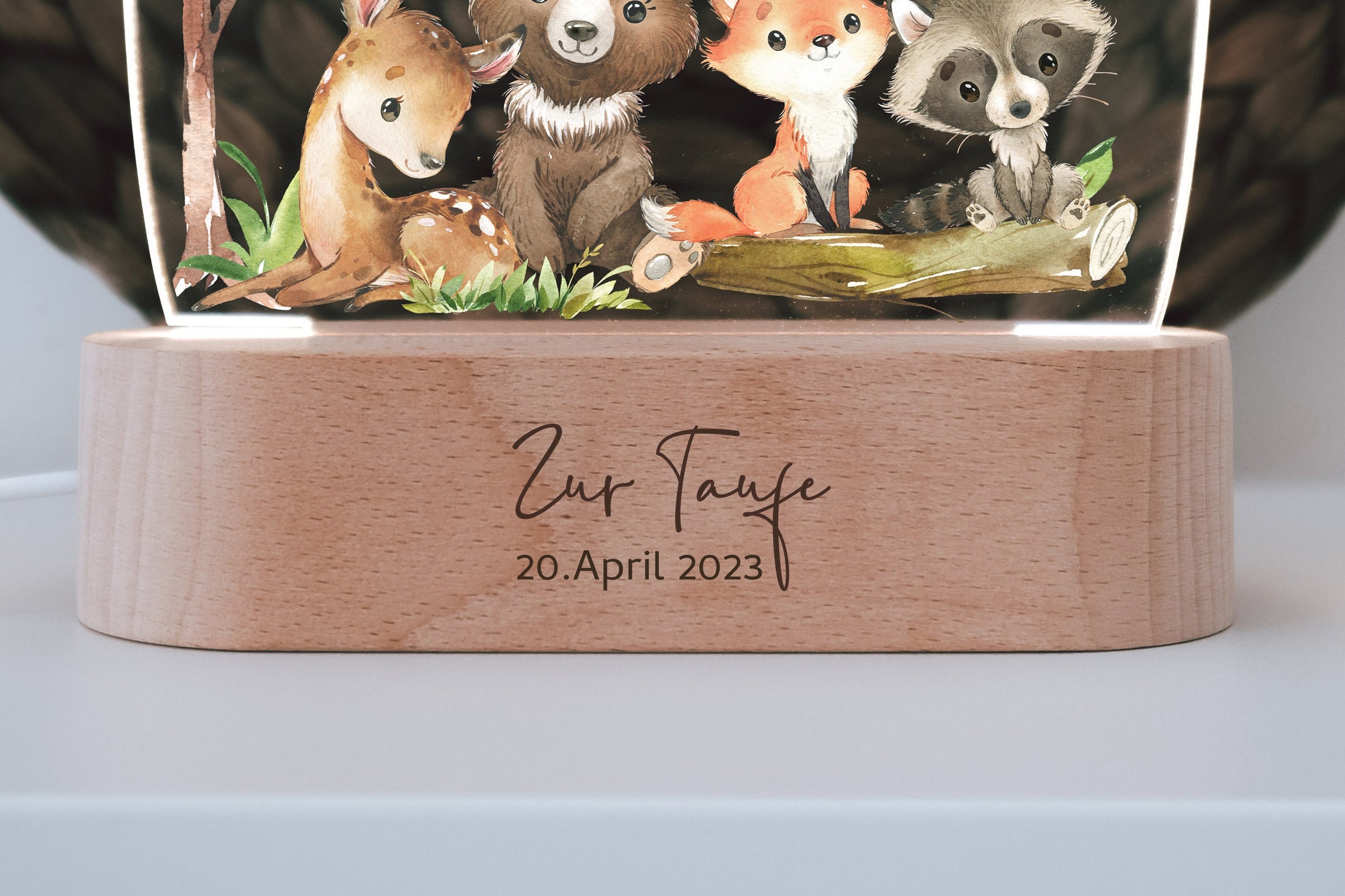 personalized coloured woodland nightlight | engraved wooden base | gift for a new baby | baptism | decorative addition to a child's room