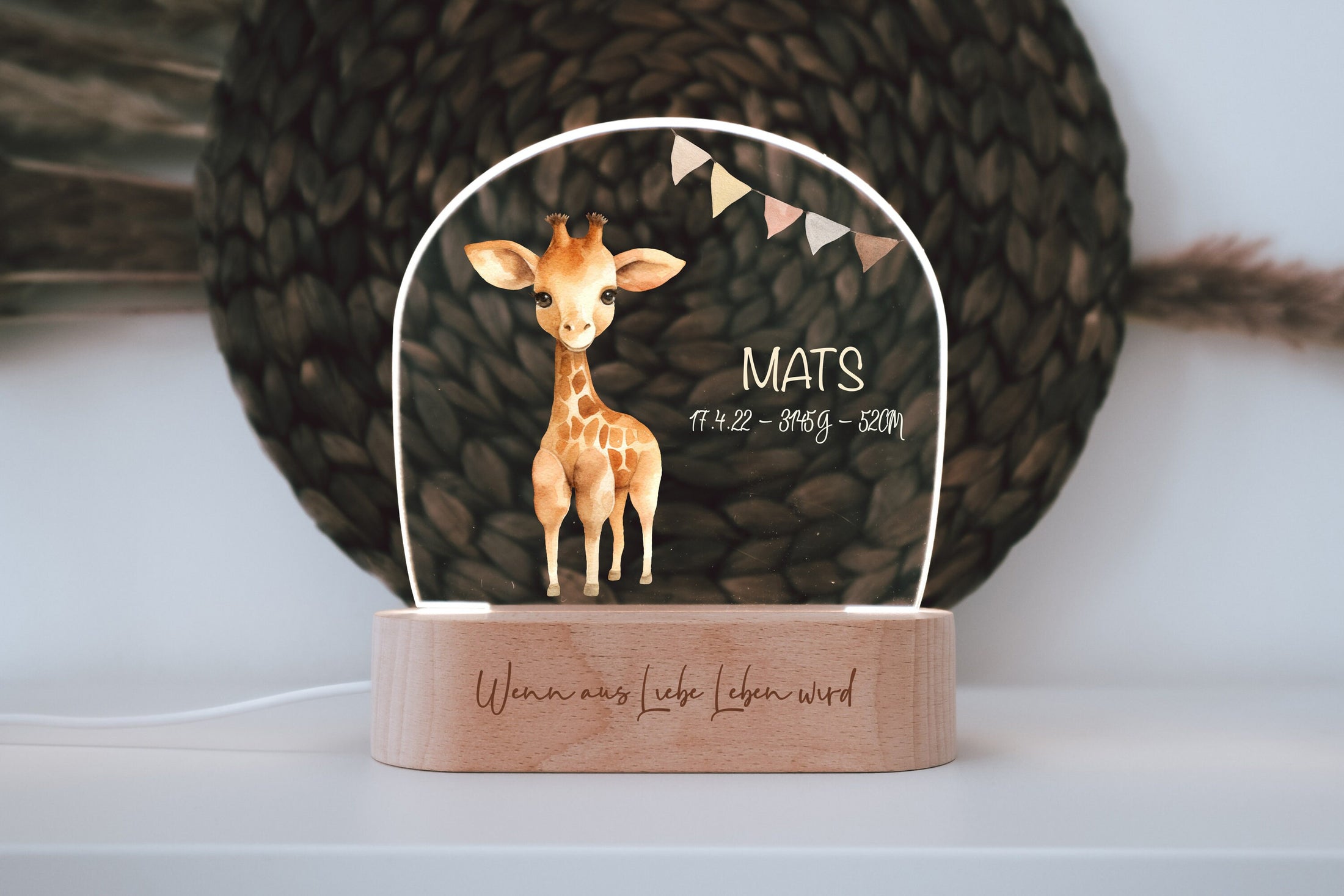 Nachtlicht "Giraffe" personalisiert aus Acryl, Holzfuß Gravur, Babygeschenk Geburt, Kinderzimmer, Persönliches Geburtstagsgeschenk, Taufe