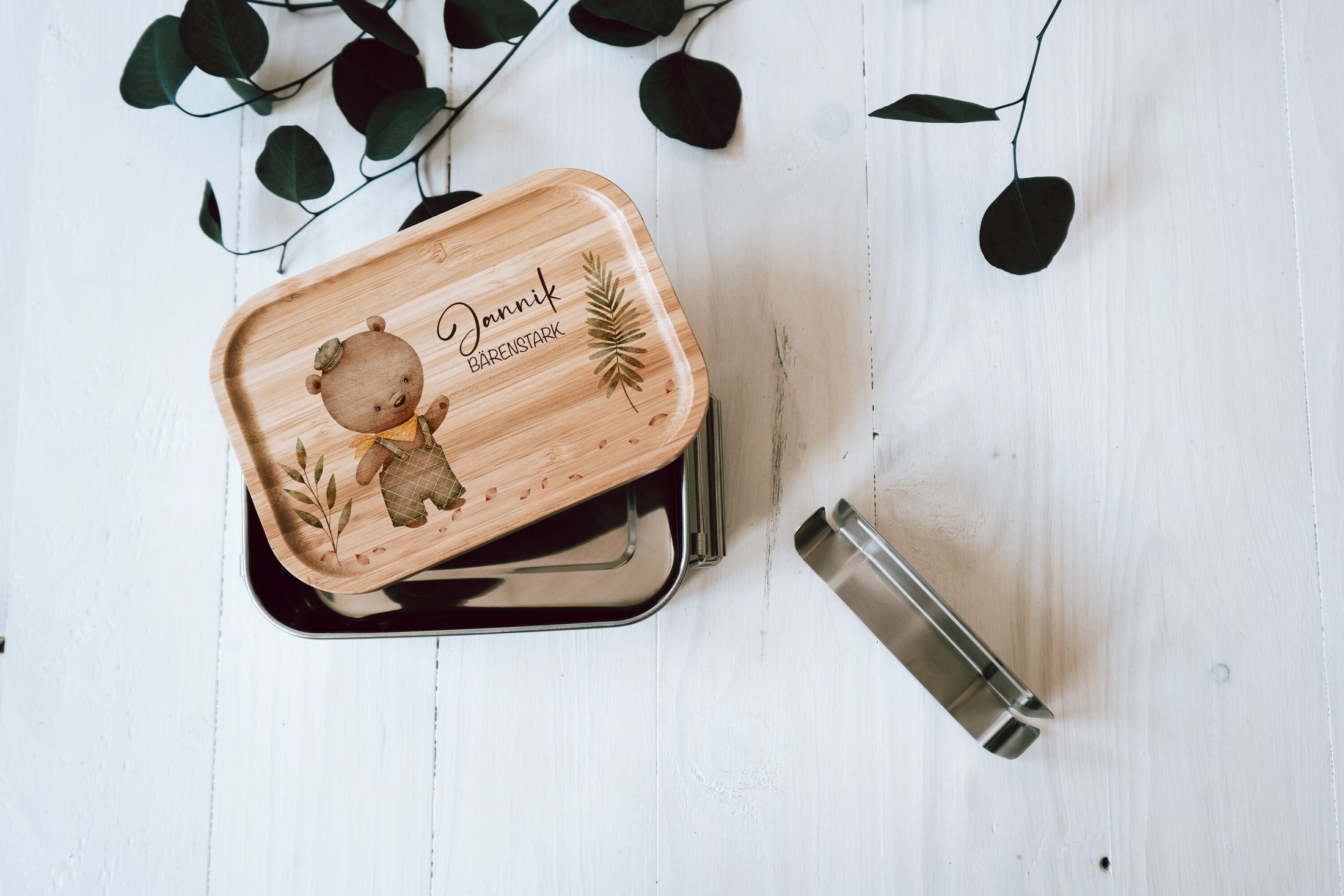 personalisierte Lunchbox aus Edelstahl mit buntem Holzdeckel | Brotdose für Kinder "Bärenstark" | Geschenk zum Kindergarten oder Schulstart