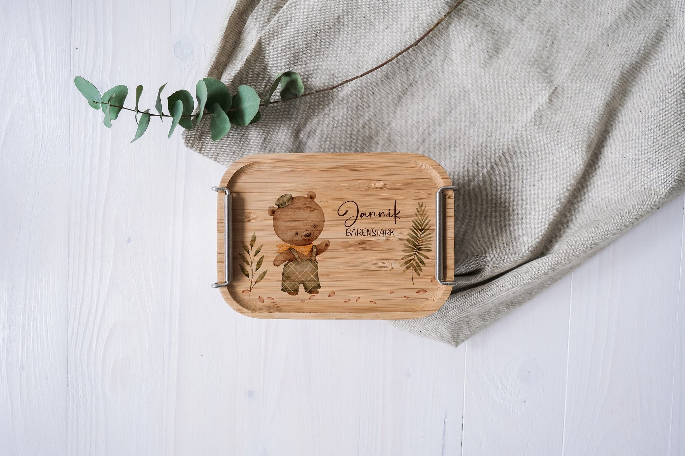 personalisierte Lunchbox aus Edelstahl mit buntem Holzdeckel | Brotdose für Kinder "Bärenstark" | Geschenk zum Kindergarten oder Schulstart