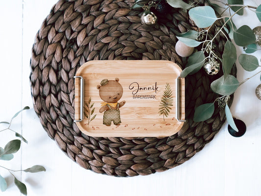 personalisierte Lunchbox aus Edelstahl mit buntem Holzdeckel | Brotdose für Kinder "Bärenstark" | Geschenk zum Kindergarten oder Schulstart